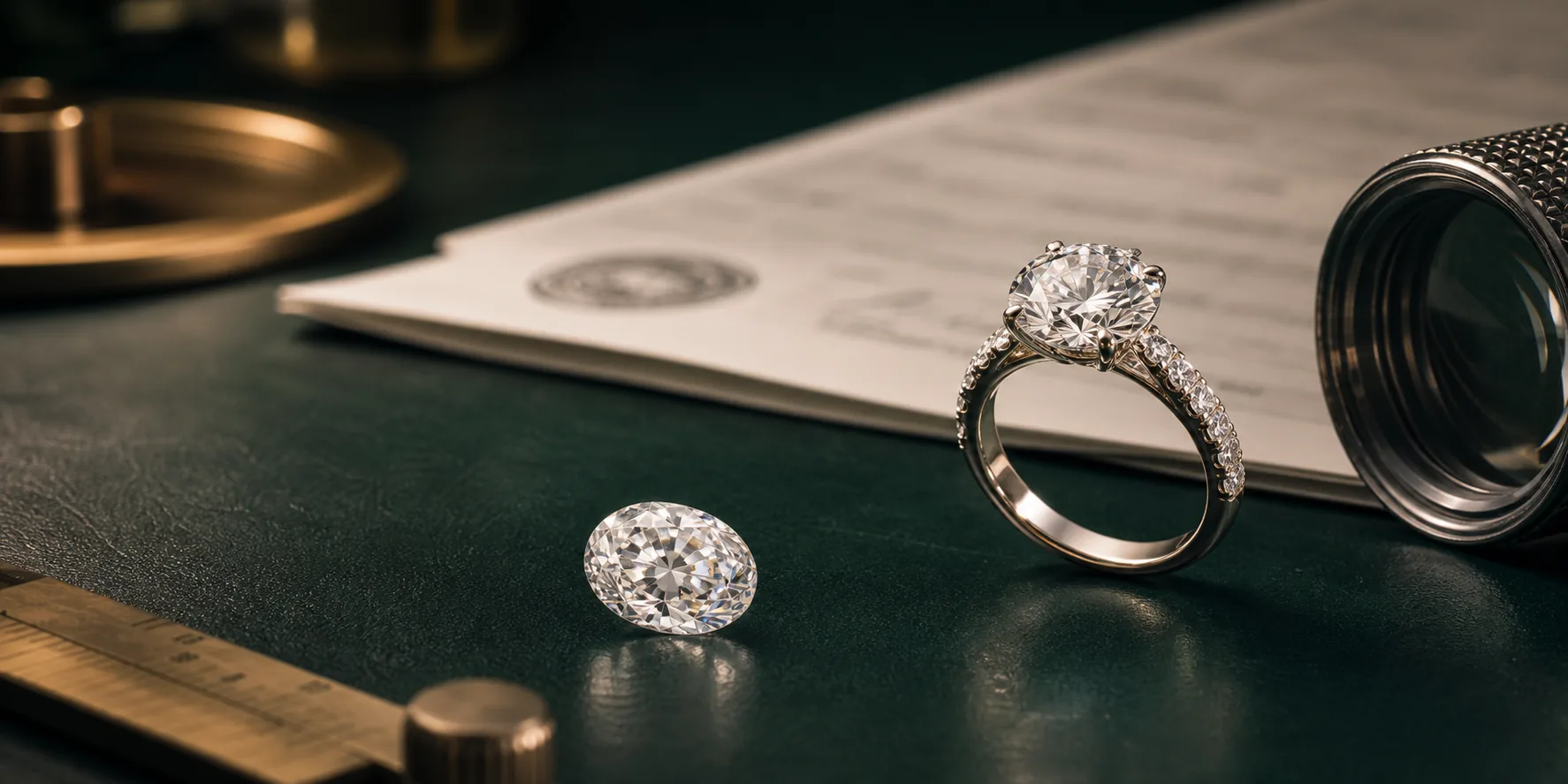 Diamond ring, loose diamond, loupe, and blurred grading papers on a jeweller desk